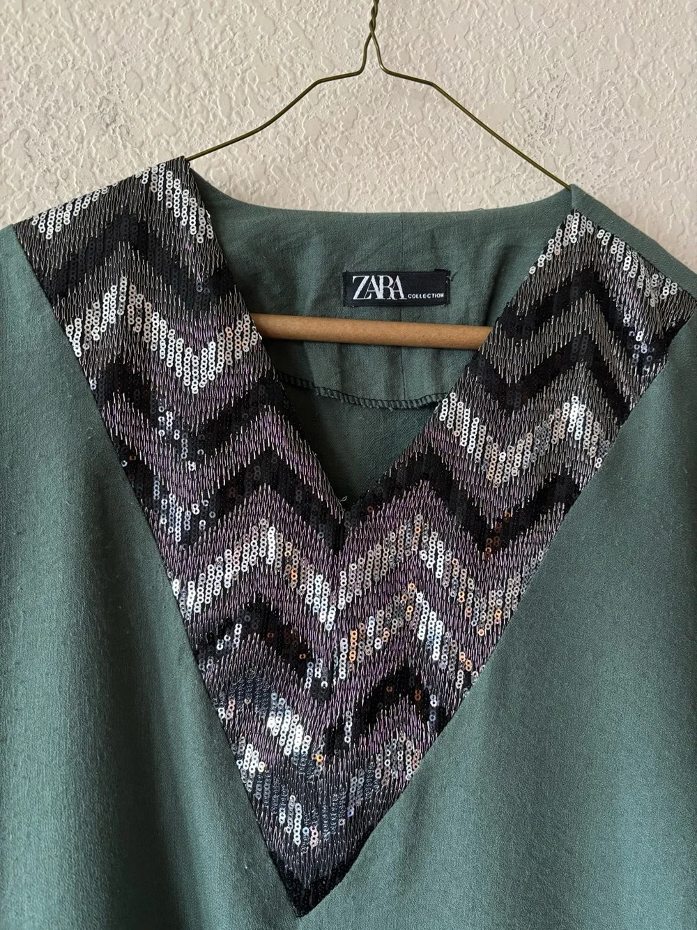 Zara Collection Sequin Chevron Caftan Tunic Poncho‎ Sage Green Oversized